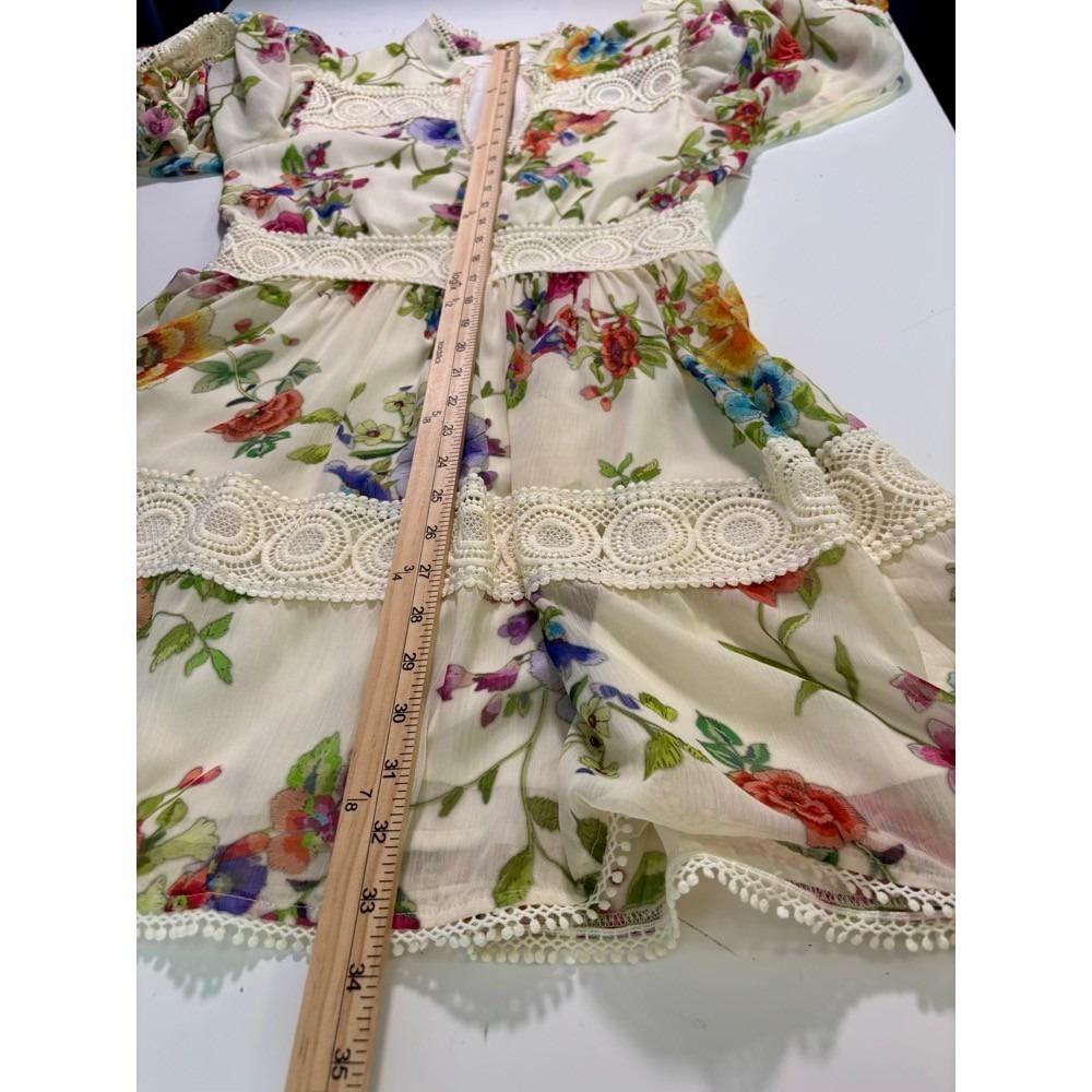 Avec Les Filles Floral Mini Dress 6 Cream Crochet  Balloon Sleeve Wedding Guest - Picture 12 of 16